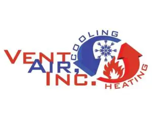 Logo for Vent Air, Inc. featuring blue and red arrows. The blue arrow has a snowflake labeled "Cooling," and the red arrow has a flame labeled "Heating.